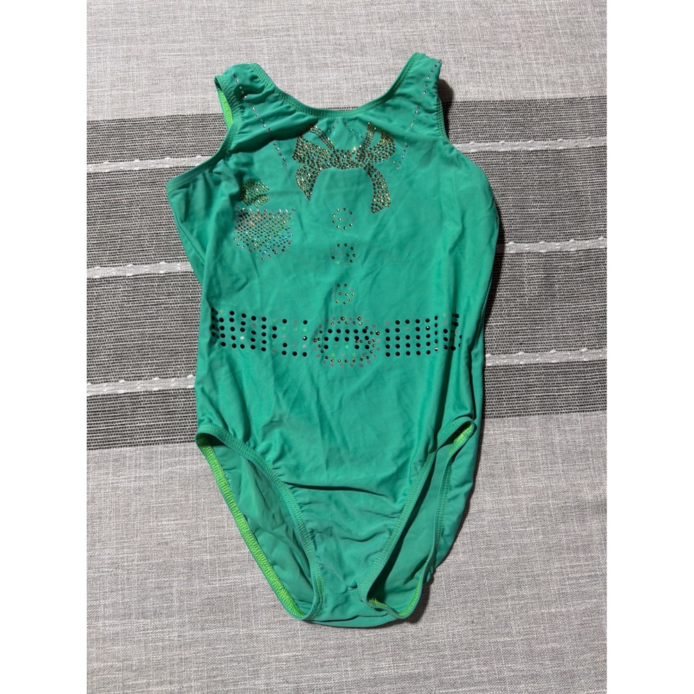 Destira‎ St Patrick's day  Teal Green Rhinestone Bow Gymnastics Leotard